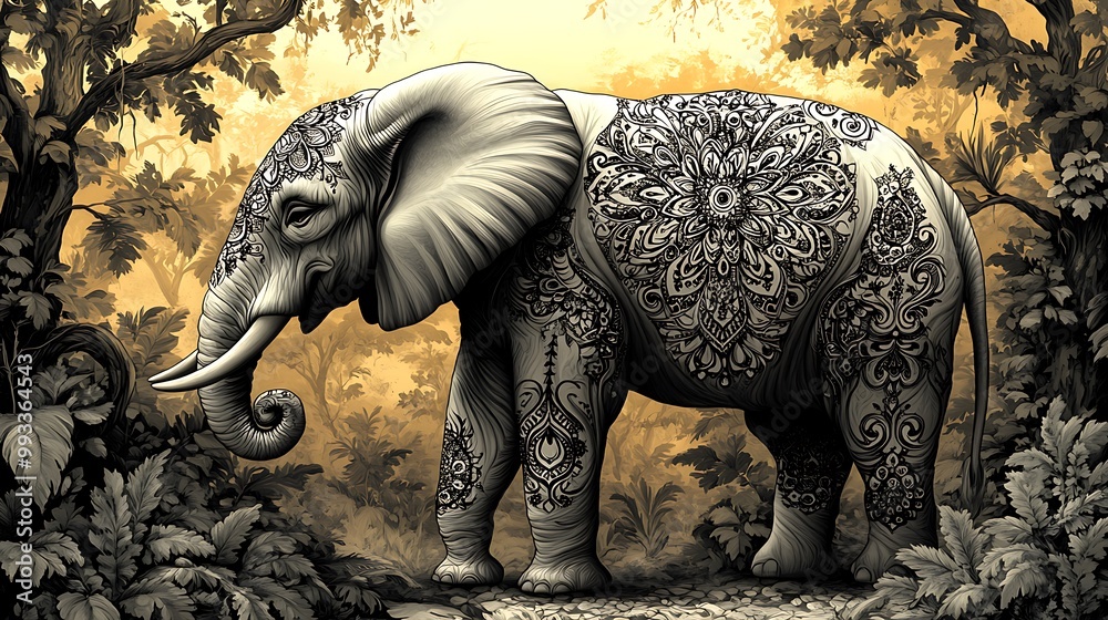 Fototapeta premium A majestic elephant adorned with intricate mandala patterns on its skin, standing in a vibrant jungle. The background features detailed trees and vines, with soft sunlight filtering through.