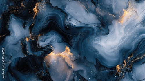 Abstract marble texture featuring fluid art with captivating blue waves intricate black veins and sparkling gold particles photo