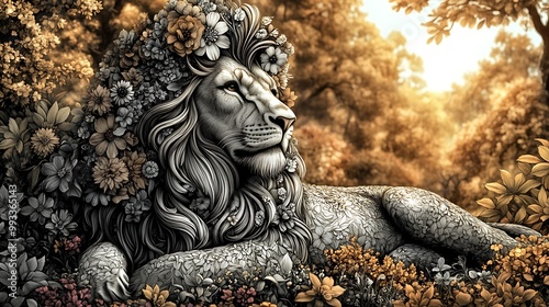 A majestic lion with a floral mane, each flower meticulously designed, resting in a peaceful garden. The background features blooming trees and colorful bushes, photo