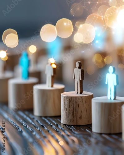 Equal recognition of employee achievements, with glowing awards shining evenly on employees from different departments.