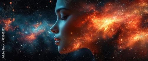 surreal digital art portrait merging a womans face with cosmic nebula and vibrant paint splatters ethereal blend of realism and abstract elements creates a dreamlike atmosphere