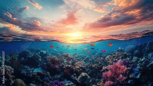 Stunning underwater coral reef scene showcasing a vibrant array of marine life during a spectacular sunset