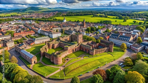 Aerial view of Carlisle Castle set against the backdrop of the charming city of Carlisle in Cumbria England, fortress, River Eden, drone shot, skyline, Cumbria, historic site