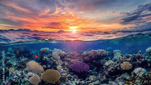 Stunning underwater coral reef scene showcasing a vibrant array of marine life during a spectacular sunset