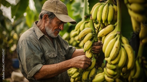 A farmer examines a bunch of ripe bananas growing on a banana tree.