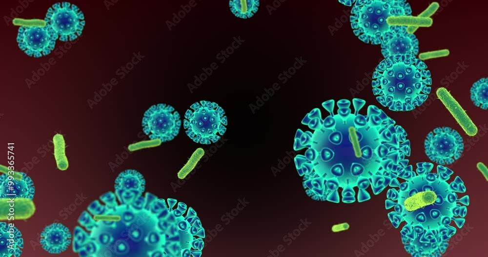Medical, bacteria and microscopic virus cells for science research with germs, dna and microbiome. Genes, rna and abstract and fungi organism particles for immune system study with antigen innovation