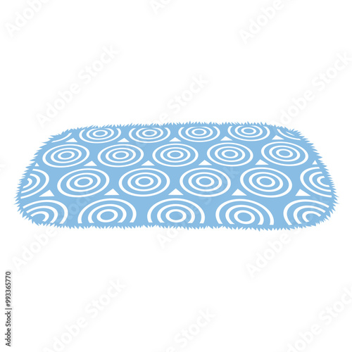 Blue and white rug in an oval shape with a fuzzy border. Pattern consists of concentric circles. Ideal for home decor, childrens rooms, playrooms, modern design, and interior design themes. Simple