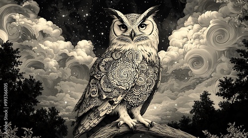 A majestic owl sitting on a branch, mandala designs covering its entire form, set against a dreamy night sky with clouds and stars in swirling patterns. The background features silhouetted trees. photo