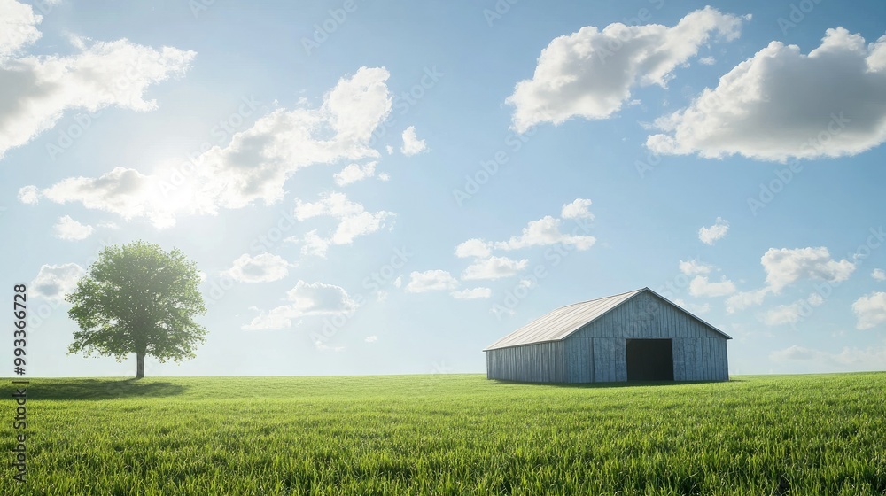 Farm shed with green pastures and blue sky, no animals, ample room for text in the open space Farm shed with green pastures and blue sky, no animals, ample room for text in the open space