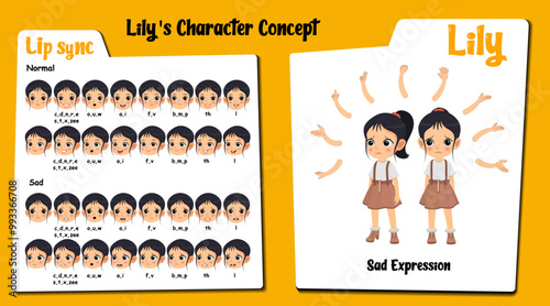 A cute sad girl cartoon character AKA Lily, Little cute girl cartoon character. Sad face expressions and lip sync. Set of cute girl with various hand gesture and front and 1/3 standing pose.