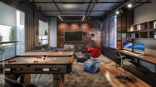 A stylish and trendy office with a game room and entertainment area