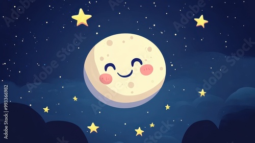 Cute Smiling Moon with Stars in Night Sky Illustration.