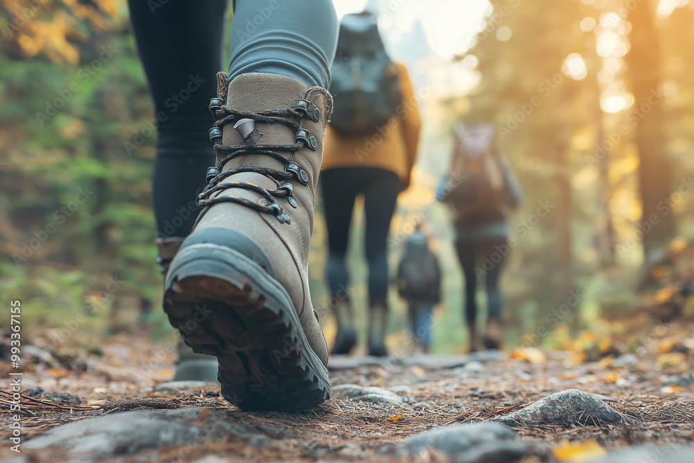 Hikers are walking on a forest path. Close-up of hiking boots Hikers are walking on a forest path. Close-up of hiking boots
