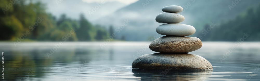 Balanced stones on serene lakeside with misty mountain background Balanced stones on serene lakeside with misty mountain background