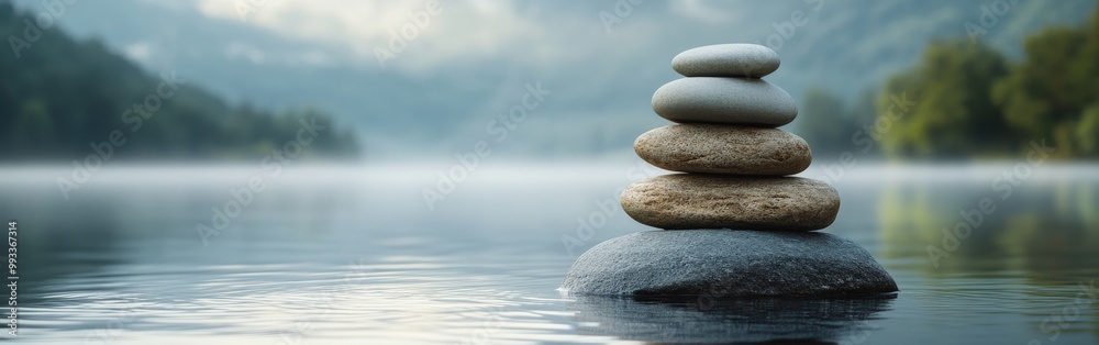 Balanced stones on serene lakeside with misty mountain background Balanced stones on serene lakeside with misty mountain background