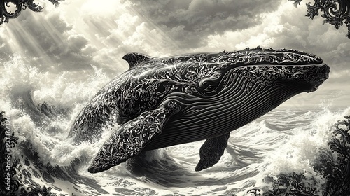 A massive whale emerging from swirling ocean waves, with intricate water patterns trailing from its fins and tail. The sunlight pierces through the clouds, photo