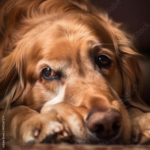 Golden Retriever Lying Down with Its Head Resting on Its Paws, Showing a Calm, Relaxed Expression photo