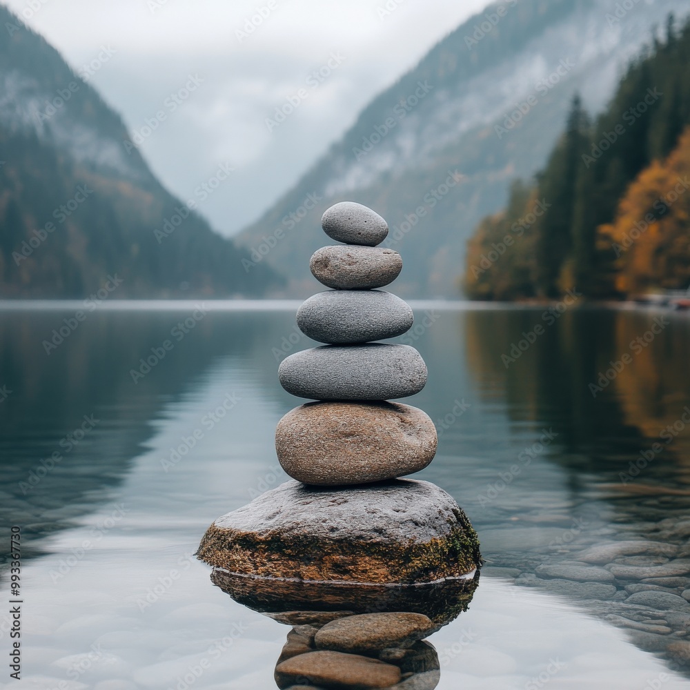 Balanced stones on serene lakeside with misty mountain background Balanced stones on serene lakeside with misty mountain background