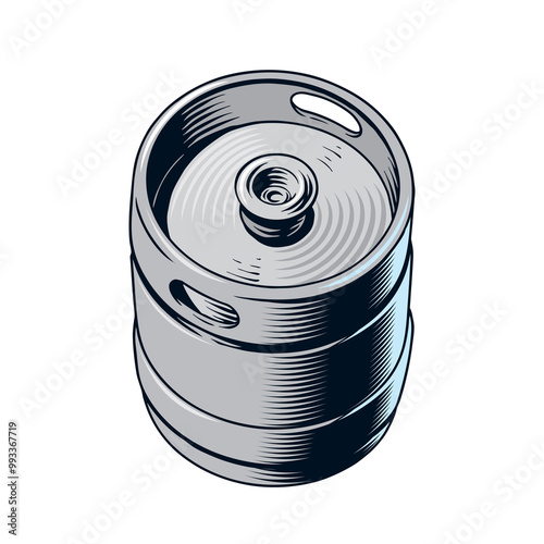 Beer keg isolated, metal aluminium barrel on the white background. Monochrome graphic vector illustration