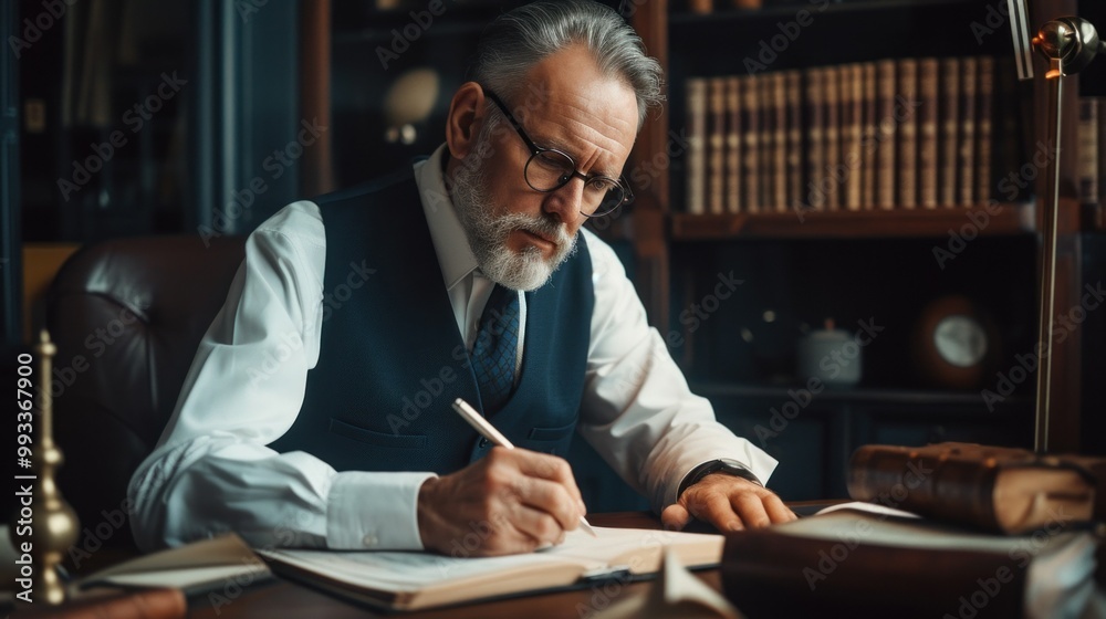 A man is sitting at a desk and diligently writing in a notebook
