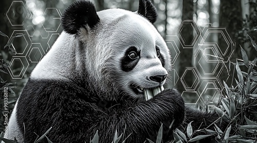 A panda munching on bamboo while geometric shapes in the form of hexagons and circles encircle it. The forest background is softly blurred, photo