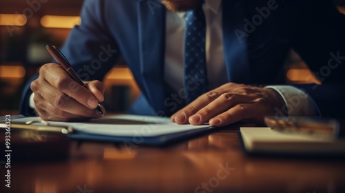 A professional man wearing a suit is busily writing on paper at his desk