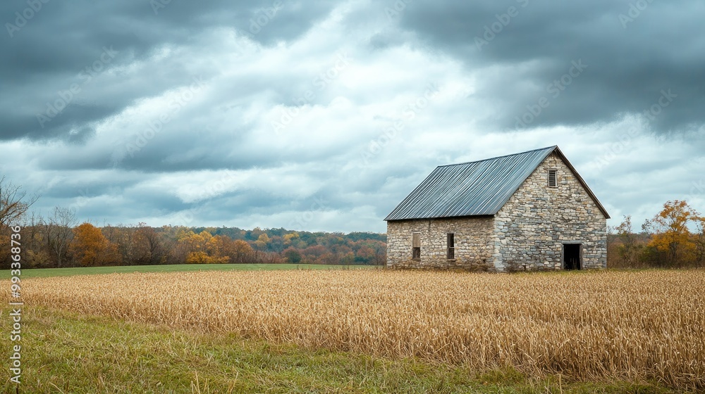 Old stone barn on a quiet farm surrounded by open fields and a cloudy sky, perfect for copy space Old stone barn on a quiet farm surrounded by open fields and a cloudy sky, perfect for copy space