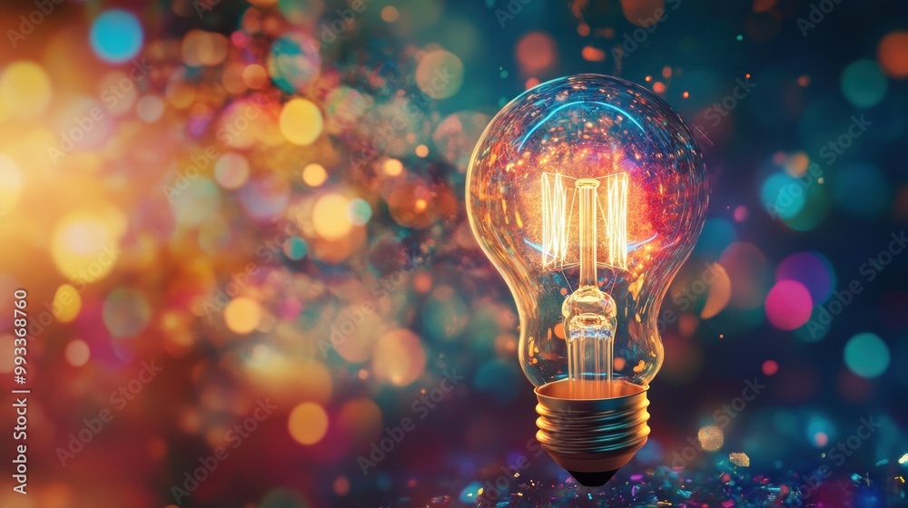 A glowing light bulb with a colorful bokeh background. A glowing light bulb with a colorful bokeh background.