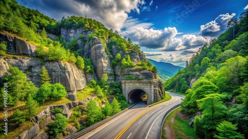 * Winding highway traverses the Cumberland Gap Tunnel, enveloped by emerald greenery and majestic rock formations, creating a breathtaking panorama. photo