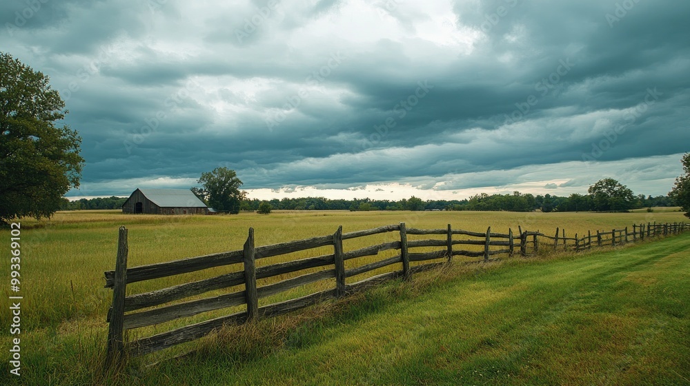 Open farm field with rustic fence, a lone barn in the distance under a cloudy sky, space for copy Open farm field with rustic fence, a lone barn in the distance under a cloudy sky, space for copy