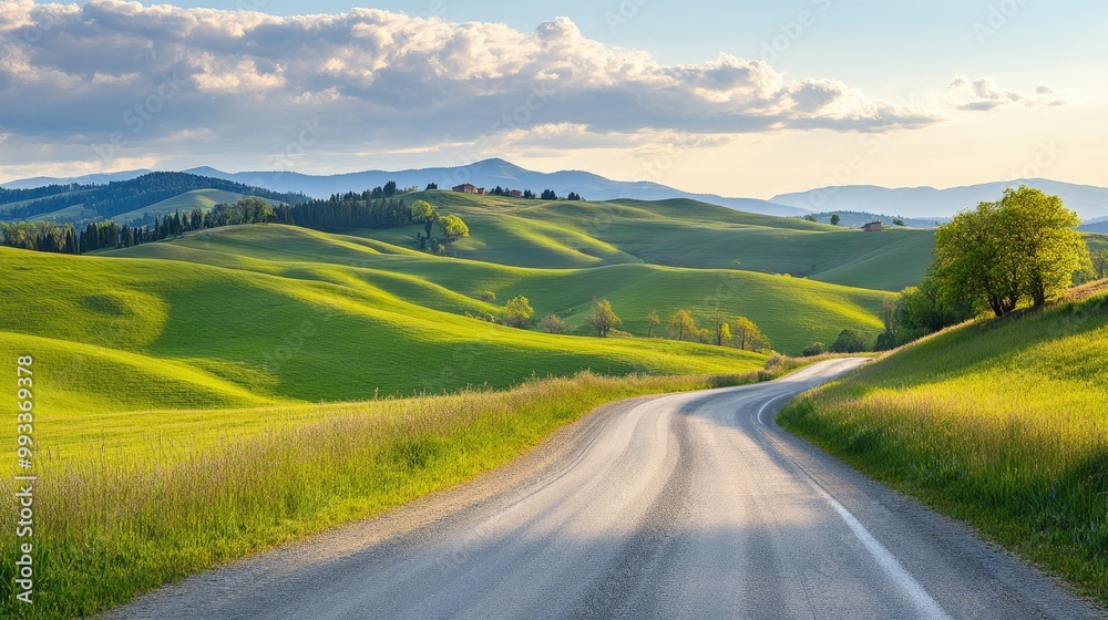 Quiet country road cutting through rolling hills, with room for text in the empty fields below Quiet country road cutting through rolling hills, with room for text in the empty fields below
