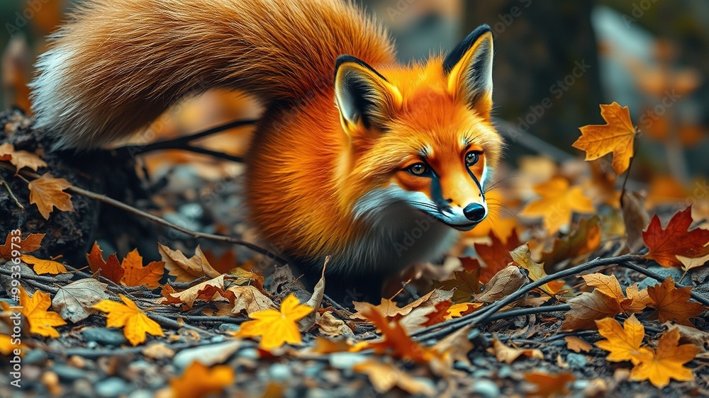 Obraz premium A cunning red fox with a bushy tail held high and wagging with excitement, partially hidden among autumn leaves and twigs on a rustic forest floor.