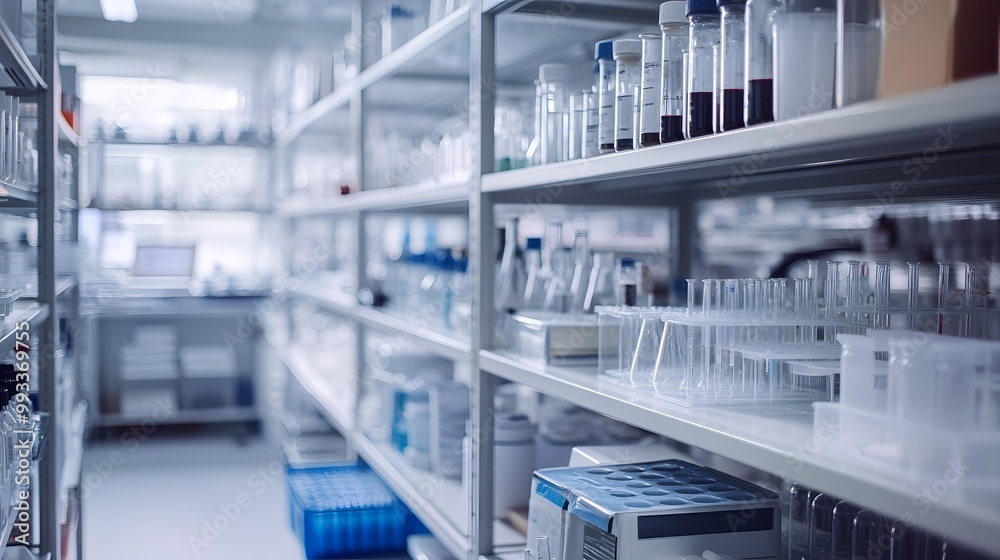 Fototapeta premium Close-up of a laboratory shelving unit stocked with glass beakers and vials