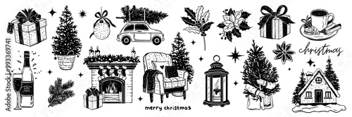 Christmas doodle set, winter pine tree, holiday New Year celebration sketch, cozy fireplace, branch. Decoration lantern, festive armchair December greeting fir engraving illustration. Christmas doodle