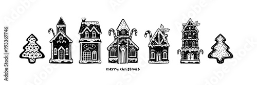 Christmas gingerbread house icon, holiday cookie festive collection, winter vector New Year pastry. Sweet homemade dessert building biscuit, cartoon doodle sugar food. Gingerbread house cute postcard