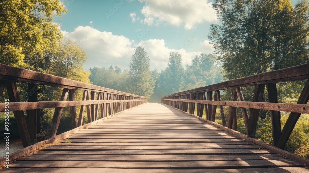 Wooden bridge extends over lush green forest under clear sky Wooden bridge extends over lush green forest under clear sky