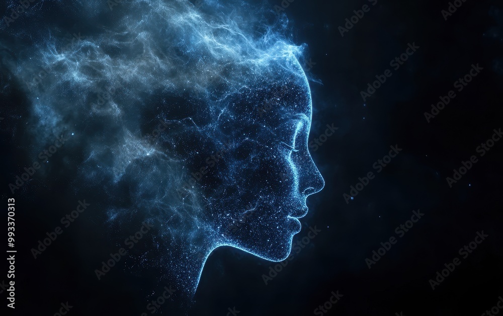 Abstract Digital Profile Portrait - Glowing Blue Human Face Silhouette in Stardust, Technology and AI Art, Futuristic Design. Abstract Digital Profile Portrait - Glowing Blue Human Face Silhouette in Stardust, Technology and AI Art, Futuristic Design.
