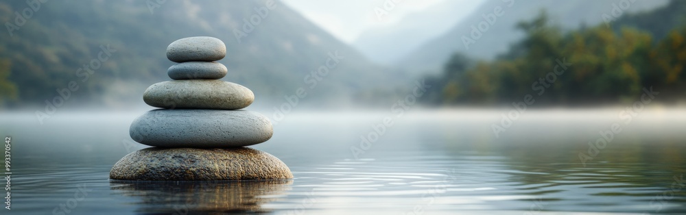 Balanced stones on serene lakeside with misty mountain background Balanced stones on serene lakeside with misty mountain background
