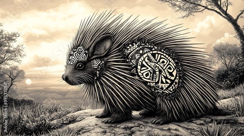 A porcupine adorned with geometric tribal designs on its spiky quills, standing on a grassy hill. The background features a setting sun that casts a soft, golden glow across the landscape, photo