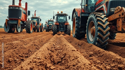 A fleet of sturdy vehicles with metal blades attached to their fronts churn through the fertile soil, leaving behind a smooth expanse of freshly plowed land. photo