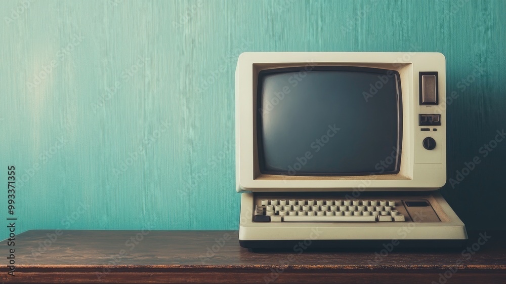 Fototapeta premium Vintage computer with CRT monitor on wooden table