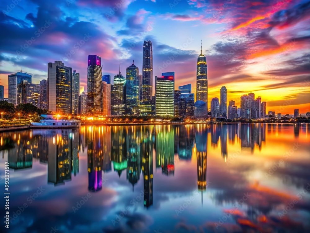 Fototapeta premium Majestic City Skyline at Dusk with Vibrant Lights Reflecting on Calm Water Surface Below