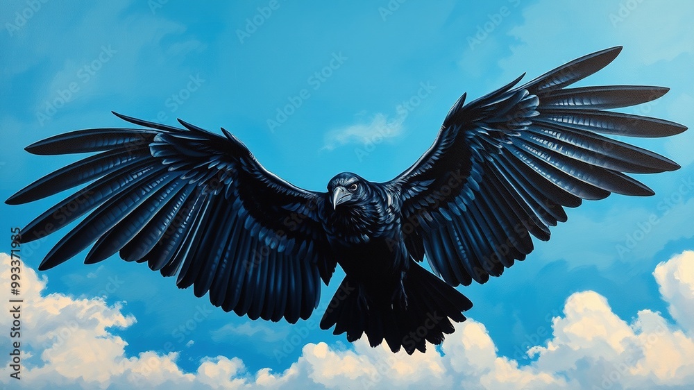Obraz premium A majestic crow spreads its dark, iridescent wings in mid-air, silhouetted against a breathtakingly blue sky, clouds drifting lazily beneath its outstretched form.