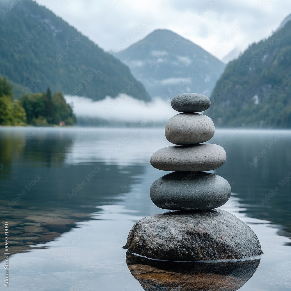 Balanced stones on serene lakeside with misty mountain background Balanced stones on serene lakeside with misty mountain background