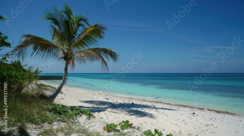 Tranquil beach scene with clear turquoise waters, soft white sandy shore, and a palm tree swaying in the gentle breeze.