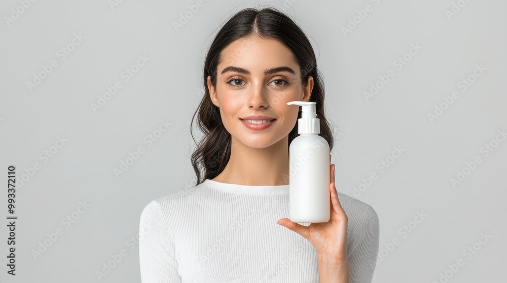 A smiling woman holds a white cosmetic bottle, showcasing beauty products on a neutral background. Perfect for skincare advertisements. A smiling woman holds a white cosmetic bottle, showcasing beauty products on a neutral background. Perfect for skincare advertisements.