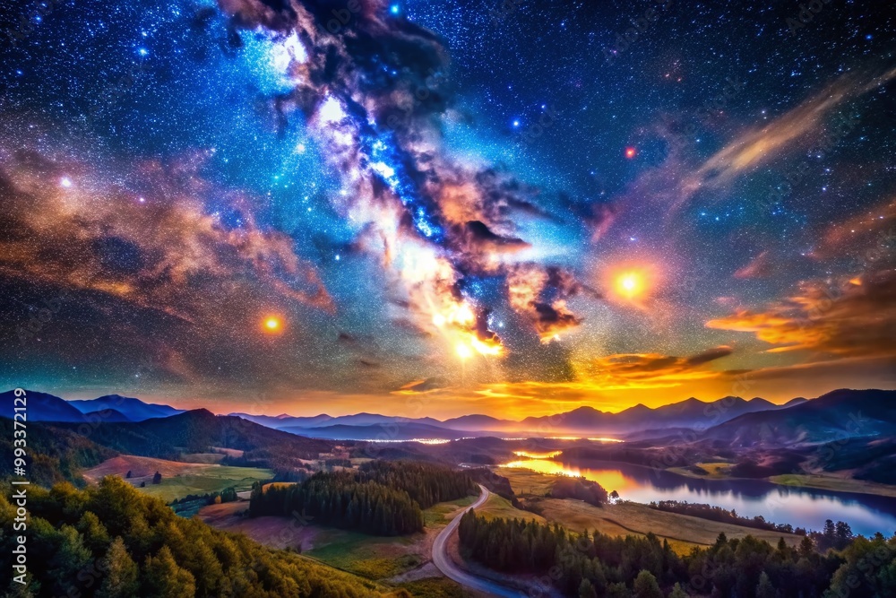 Naklejka premium Majestic Cosmic Landscape Displaying Stars, Nebulae, and Galaxies in the Vastness of Space