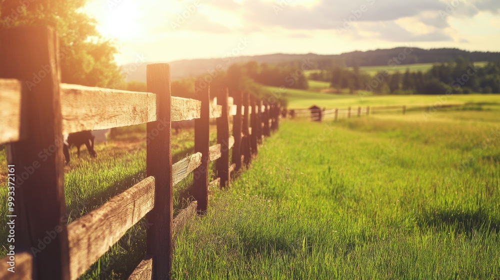 Rustic wooden fence and green fields under a bright sunny sky on an animal farm, lots of copy space available Rustic wooden fence and green fields under a bright sunny sky on an animal farm, lots of copy space available