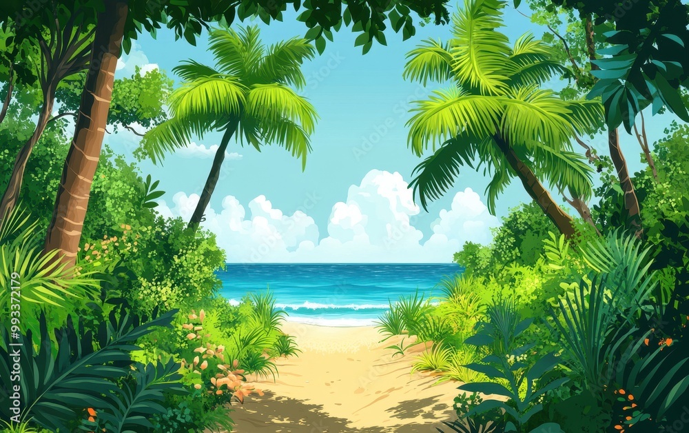 Fototapeta premium Lush Tropical Jungle Path Leading to a Blue Ocean Beach Scene Illustration