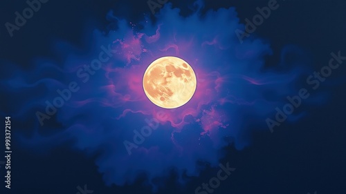 A majestic moon hangs low in the night sky, silhouetted by three languid lines of vaporized water and atmospheric gases, eerie and serene.